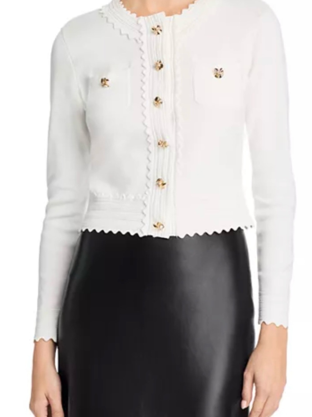 Generation Love Blossom White Scallop-Trim Cardigan with Gold Buttons